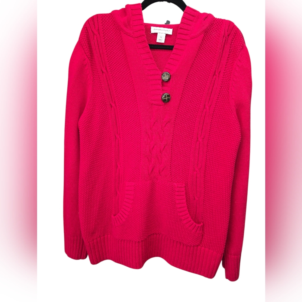 Christopher & Banks Red Cable Knit Hooded Sweater XL Henley Button Pocket Cozy